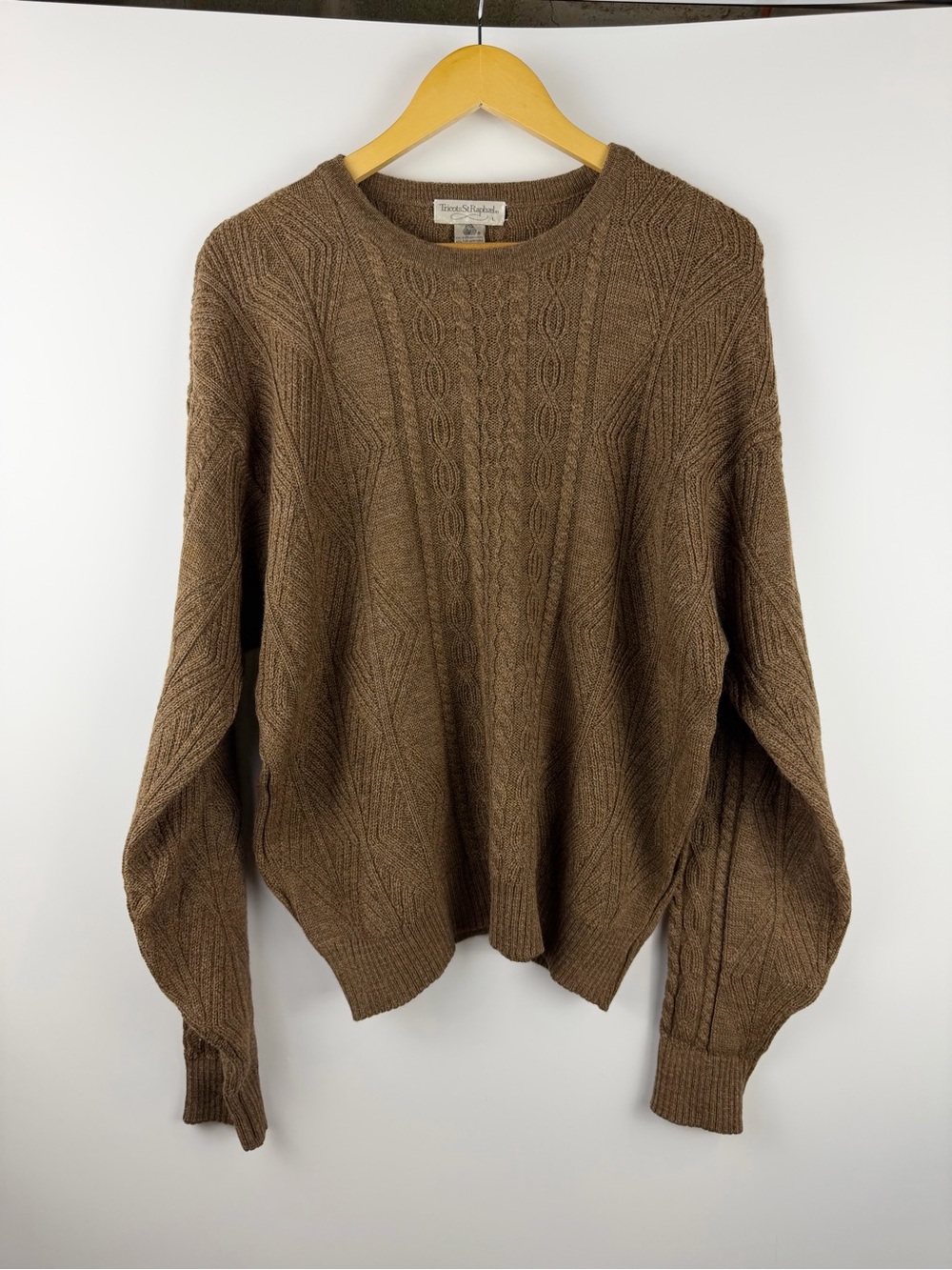 Tricots St Raphael Merino Wool Cable Knit Sweater Brown Marled Crewneck L